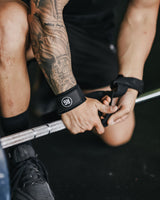 RooGrips Black Crossfit Lifting Straps Demonstrating Barbell Use Close Up