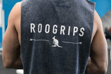 RooGrips Black Stone Wash Sleeveless Tank Top Back Close Up Of Logo