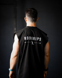 RooGrips Plain Black Tank Top Back View On Man With Logo